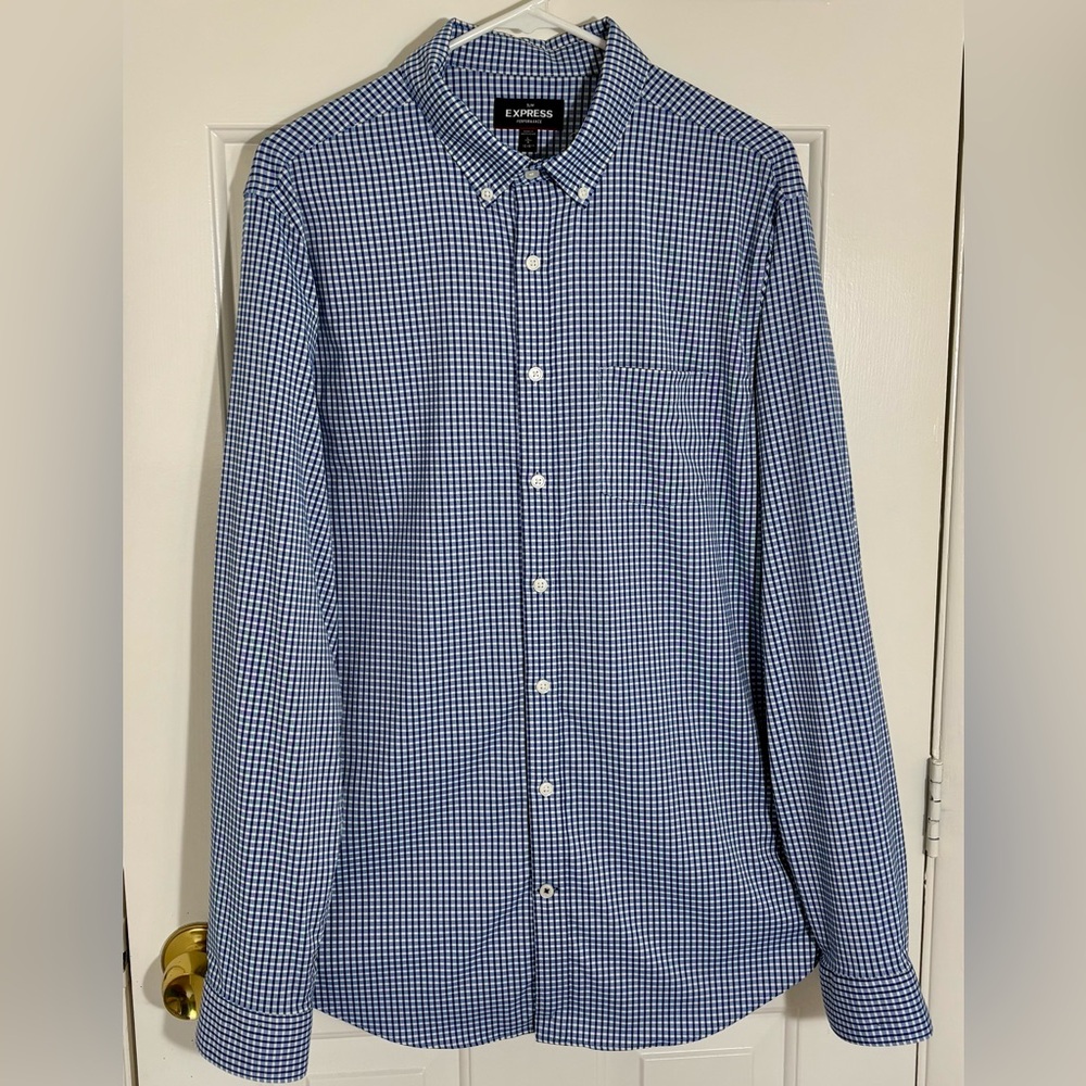 Men’s “Express” Blue Gingham, Casual, Fitted Shirt. Large 16-16 1/2 neck
